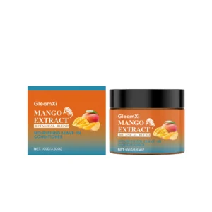GleamXi Mango Extract Leave-In Conditioner in a bottle, showcasing its ability to smooth frizz and add shine to hair.